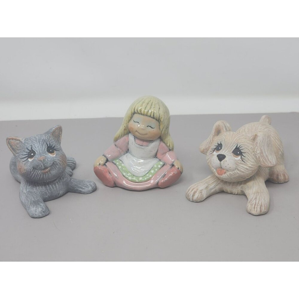 Vintage Ceramic Figurines Set Of 3:‎ Girl With Dog & Cat Collectible Home Decor